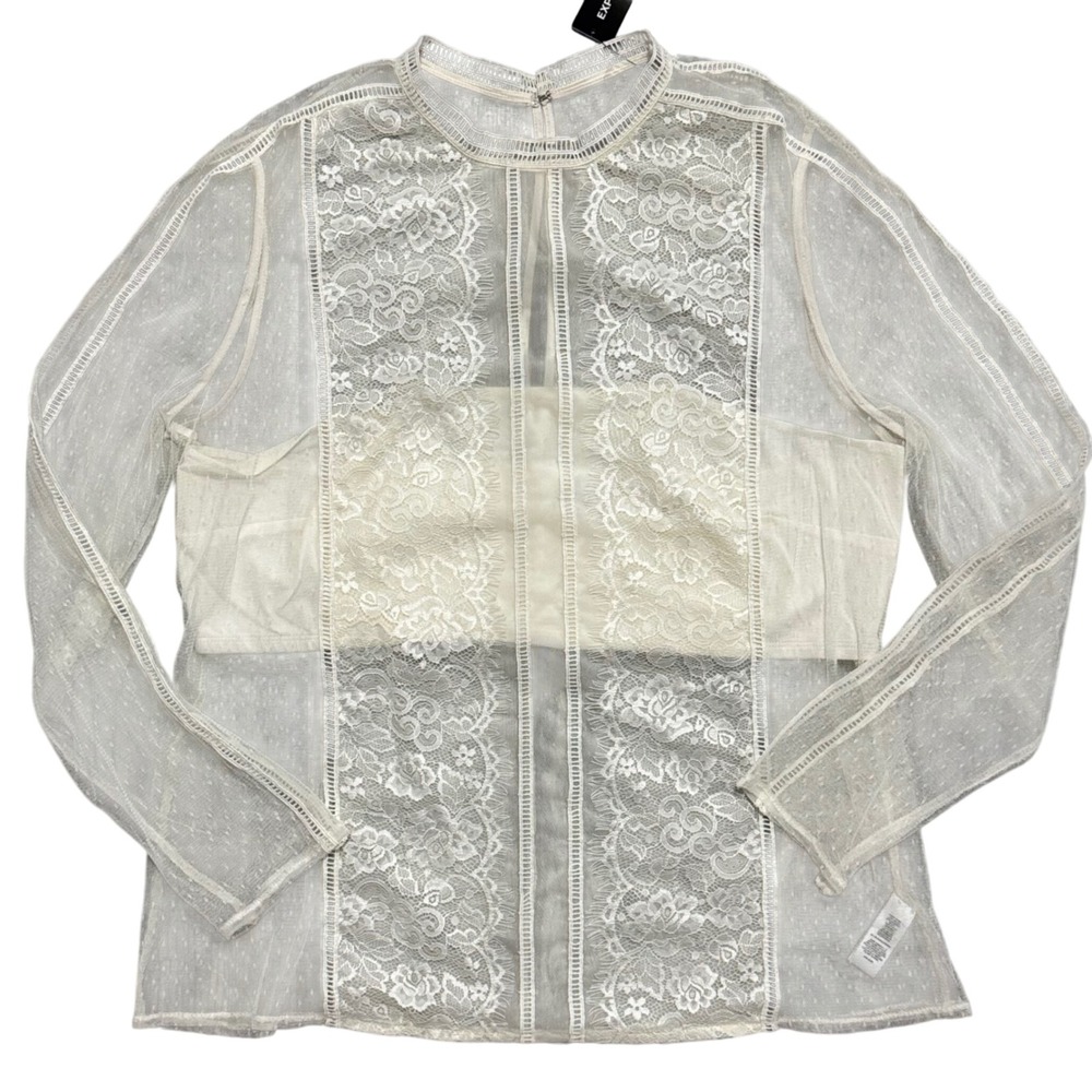 NWT Express Lace Inset‎ Blouse Sheer Long Sleeve Top Ivory XL Cottagecore Boho - Picture 3 of 8